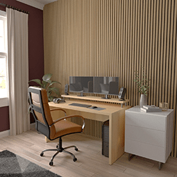 Stylish home office featuring a warm-toned slat wall panel background, modern desk setup, and ergonomic chair, enhancing acoustics and aesthetic appeal. Perfect for productivity-focused spaces.